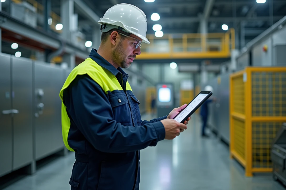 Technicien en tenue de sécurité vérifiant plans sur tablette dans une usine