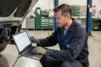 Technicien automobile connectant un ordinateur de diagnostic OBD pour une reprogrammation moteur dans un garage professionnel