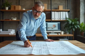 Urbaniste analysant les plans de lotissement avec les dimensions des places de stationnement réglementaires sur une table à dessin