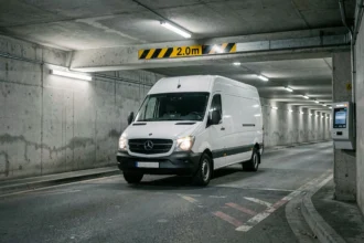 Van utilitaire grande hauteur passant sous un portique de hauteur limitée à l'entrée d'un parking souterrain