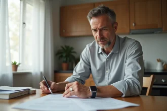 Vendeur particulier lisant attentivement un formulaire de cession de vente automobile imprimé, assis à une table en bois chez lui