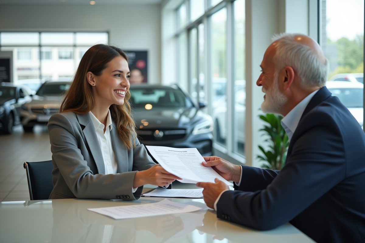 Vendeuse remettant un certificat de kilométrage à un client âgé