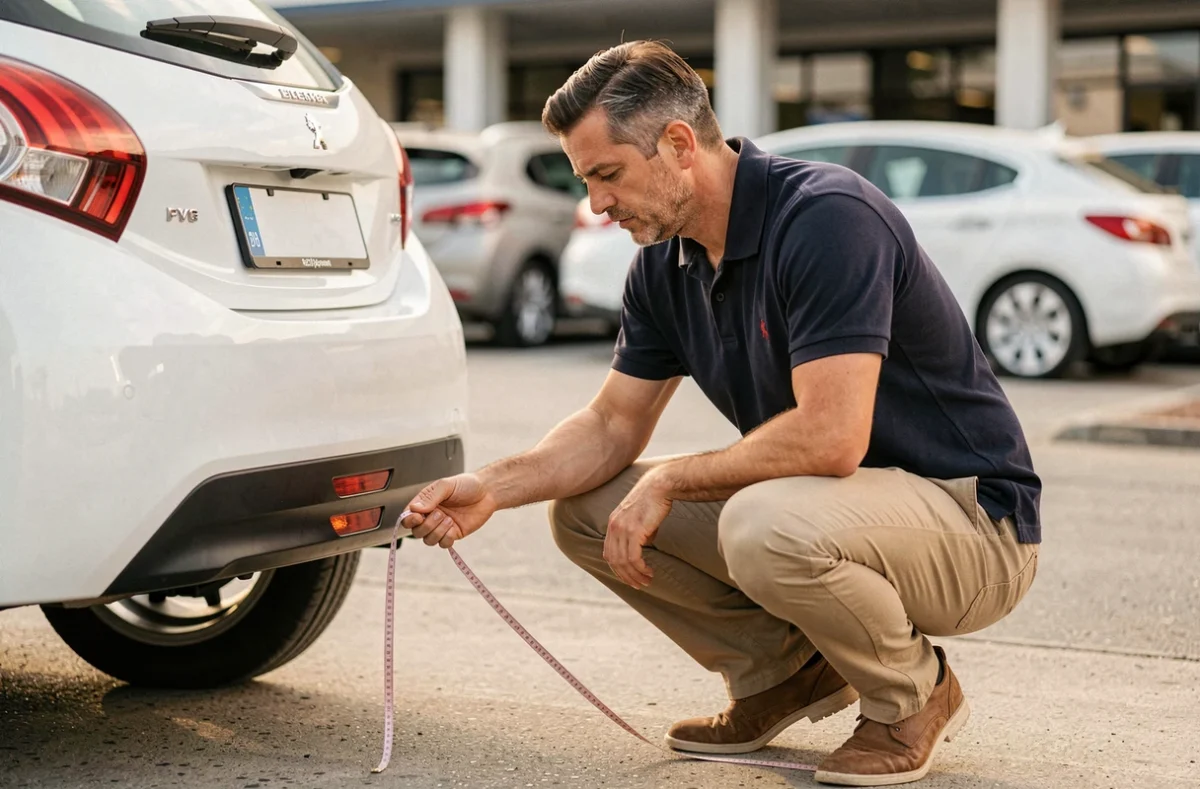 Inspecteur automobile mesurant les dimensions d'une Peugeot 208 blanche dans un lot de voitures d'occasion