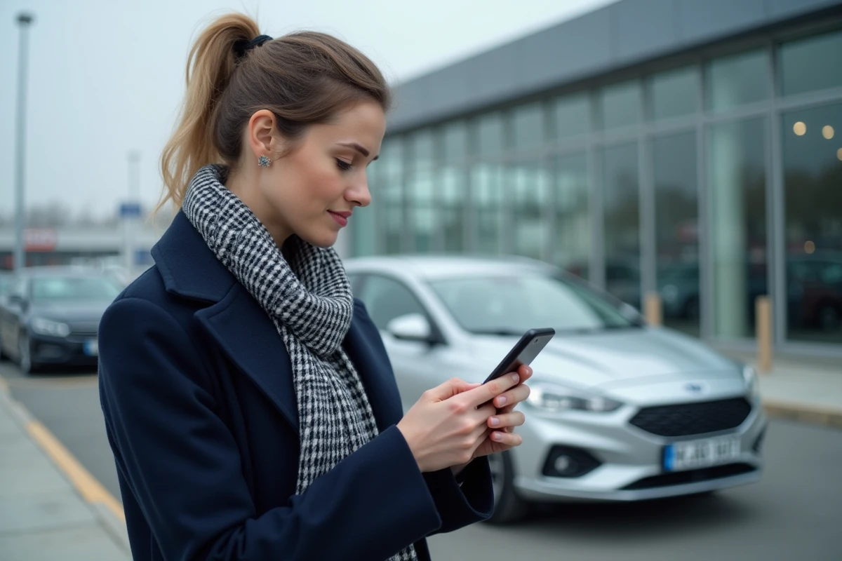 Femme vérifiant un modèle de voiture sur Pifauto.com avec son smartphone dans un parking de concessionnaire