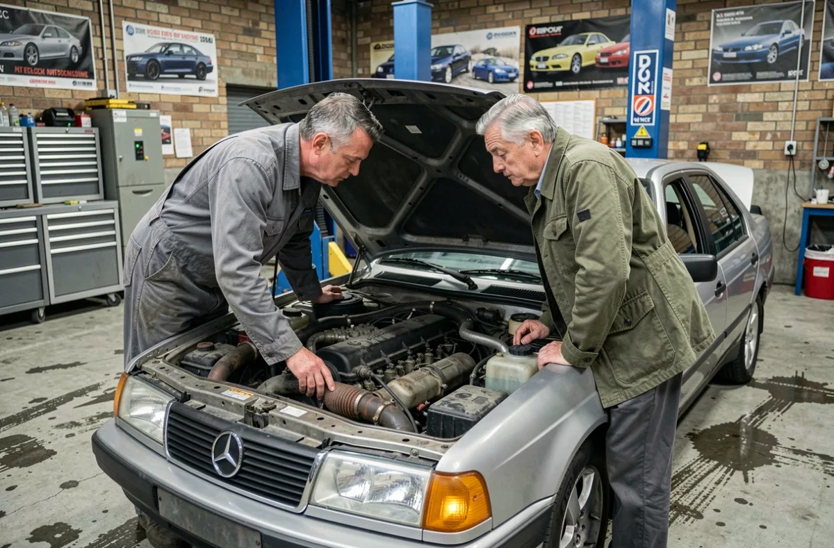 Mécanicien et acheteur inspectant le moteur d'un youngtimer dans un garage indépendant avant achat
