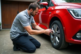 Homme vérifiant la pression des pneus d'une Seat Ibiza rouge avec un manomètre numérique dans une allée de garage