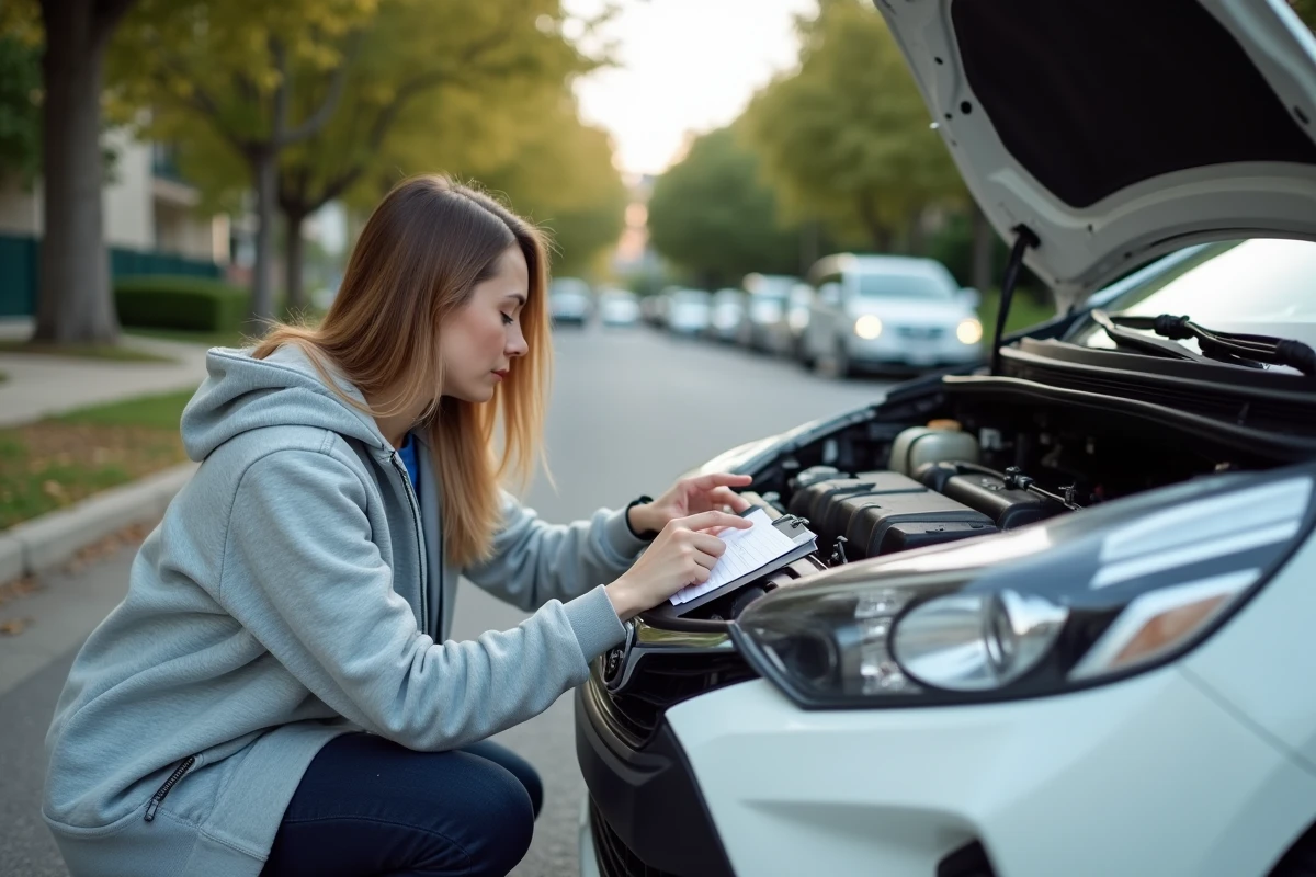 Femme consultant une checklist de vérifications techniques devant le capot ouvert d'une voiture blanche