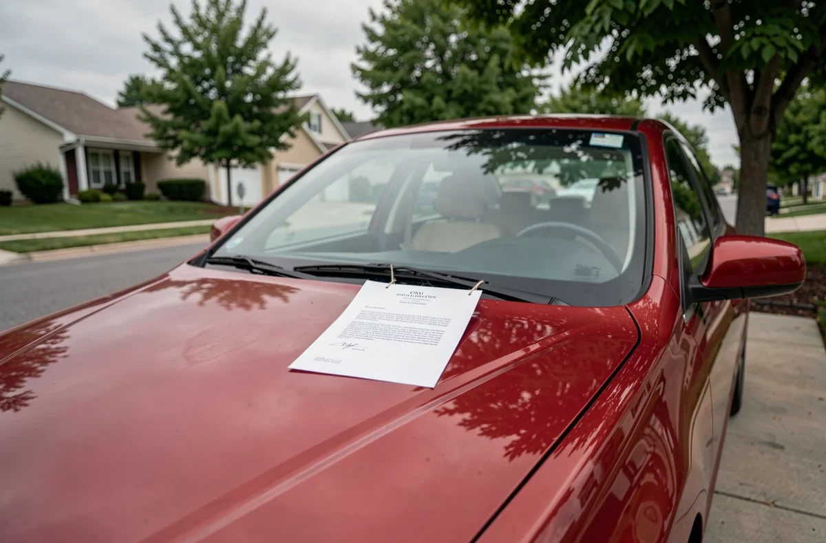 Voiture garée avec une lettre de résiliation d'assurance sous l'essuie-glace