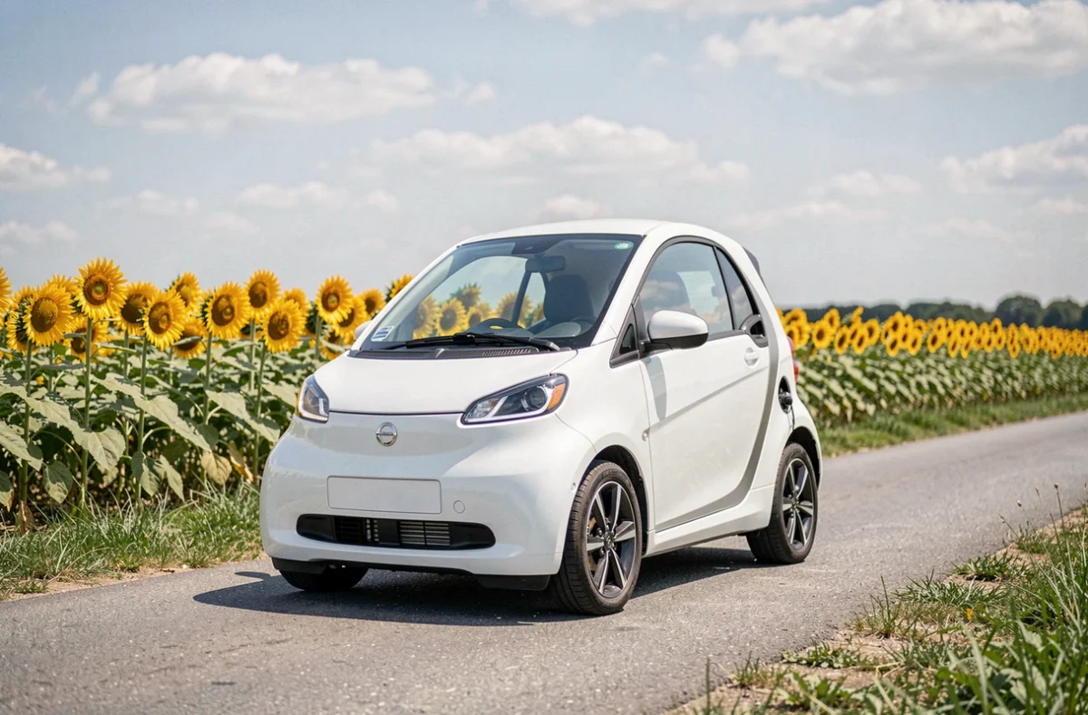 Voiture sans permis électrique garée sur une route de campagne entourée de champs de tournesols
