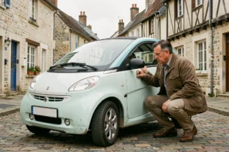 Homme inspectant une voiture sans permis d'occasion garée dans une rue pavée en Normandie