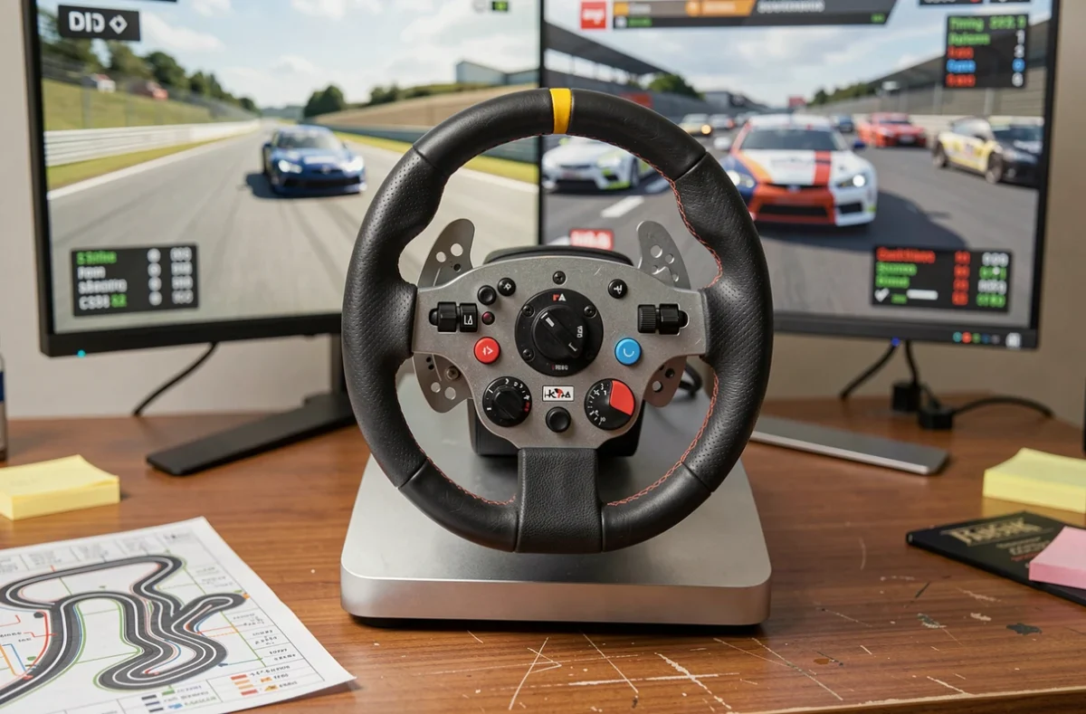 Volant de simulation racing haut de gamme avec base direct drive et comparaison d'interfaces de jeu de course sur écran en arrière-plan