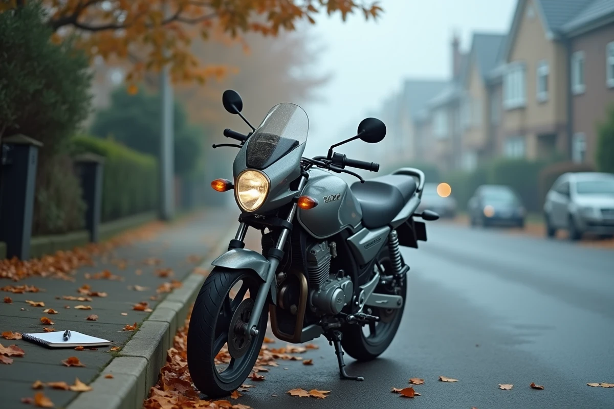 Yamaha 125 TZR garée en milieu urbain avec carnet de bord posé sur la selle illustrant les coûts d'entretien
