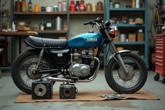Yamaha 125 TZR en atelier mécanique avec moteur deux temps démonté pour entretien